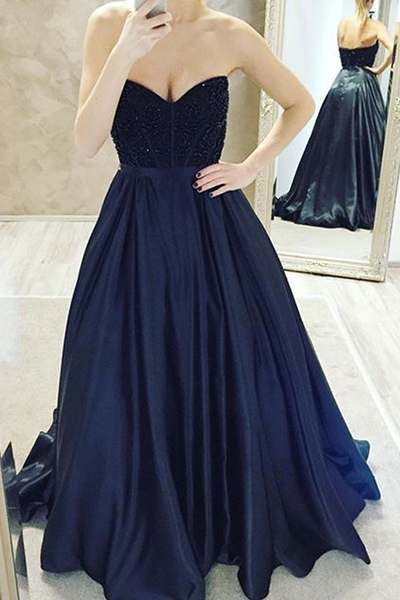New Arrival Sweetheart Ball Gown Dark Navy A-Line Prom Dress with Beading
