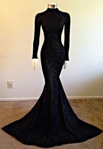 Long Sleeves Mermaid Black Sequin Lace Prom Dresses