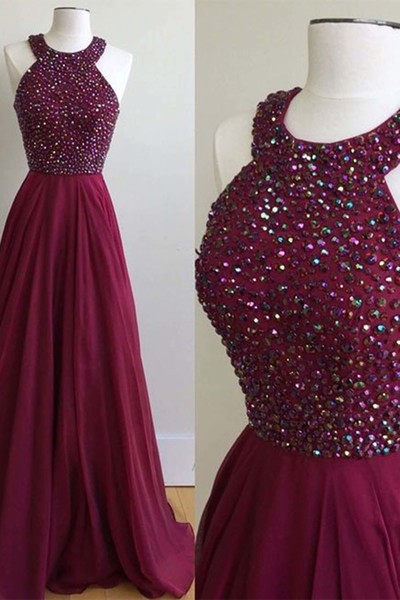 Open Back Long Chiffon Prom Dresses Crystals Halter Neck Women Dresses