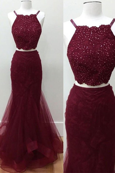 Two Pieces Tulle Prom Dresses Beaded Floor Length Women Dresses