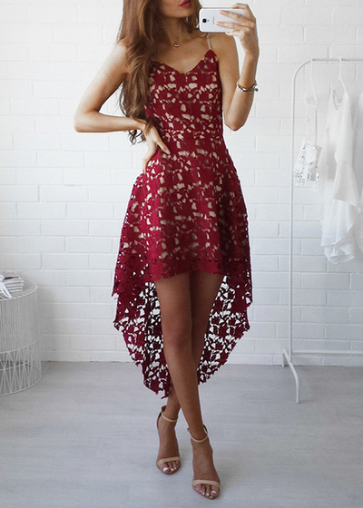 Mid-calf Burgundy Lace Prom Dresses Spaghetti Straps Women Dresses