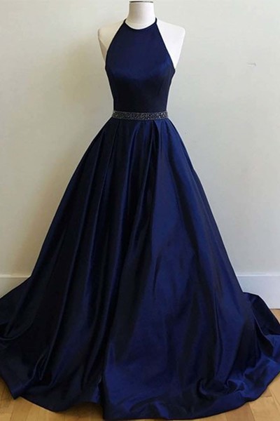 Royal Blue Satin Prom Dresses Halter Neck Beaded Floor Length Women Dresses