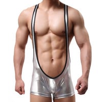 Silver Sexy men's underwear faux leather hot stamping shiny Jumpsuit bodysuit wrestling singlet stage performance - Thumbnail 1