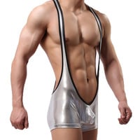 Silver Sexy men's underwear faux leather hot stamping shiny Jumpsuit bodysuit wrestling singlet stage performance - Thumbnail 2