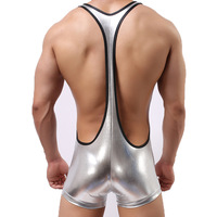 Silver Sexy men's underwear faux leather hot stamping shiny Jumpsuit bodysuit wrestling singlet stage performance - Thumbnail 4