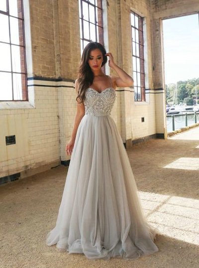 A line Silver Tulle Prom Dress,Spaghetti Straps Evening Dress,Sexy Beaded Graduation Dress