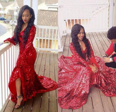 Luxury Bling Black Girl Prom Dress Red V-neck Sequins Lace Long Prom Dresses Evening Dress