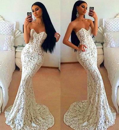Sexy Lace Mermaid Prom Dress Evening Dress Sweetheart Sleeveless Sweep Train