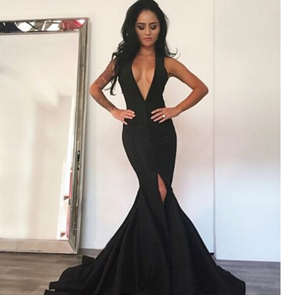 Gorgeous Black Mermaid V-neck Long Prom Dress with Slit