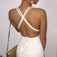 Sexy Mermaid Prom Dress, Mermaid White Evening Dress,Deep V-neckline Open Back Graduation Dress - Thumbnail 1