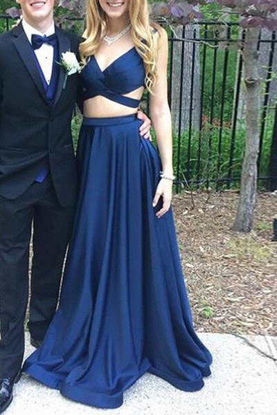 Dark Blue Prom Dress,Two Pieces Long Prom Dress,Sexy V Neck Evening Dress,Open Back Prom Dresses,Long Party Dress,Formal Dresses