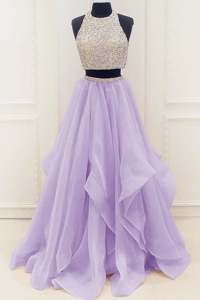 New Arrival Prom Dress,Modest Organza Prom Dresses,2017 Stunning Sequins And Beaded Top Ruffles Two Piece Prom Dress