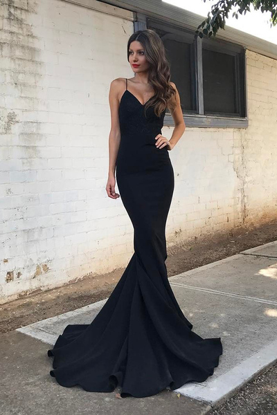 Sexy Prom Dress Mermaid Spaghetti Straps Sweep Train Black Stretch Satin Prom dress
