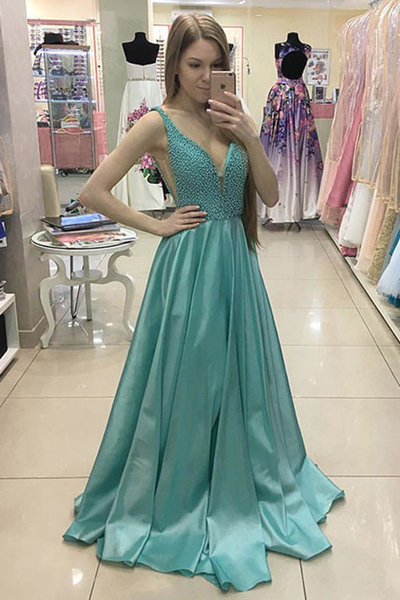 Sexy Prom Dress A-Line Deep V-Neck Sweep Train Green Satin Prom Dress with Beading