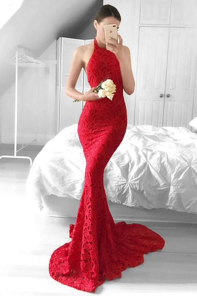 Sexy Prom Dress Mermaid Red Lace Halter Backless Sweep Train Prom Dress