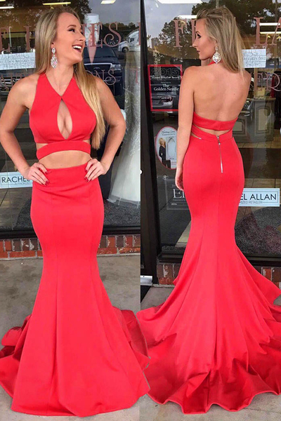 Two Pieces Prom Dress Special V Neck Keyhole Mermaid Backless Red Prom Dress