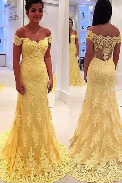 Elegant Prom Dress Mermaid Off-Shoulder Yellow Evening/Prom Dress With Lace Appliques