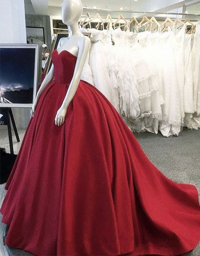 Sweetheart Neck Ball Gown Red Satin Prom Dresses Floor Length Women Dresses