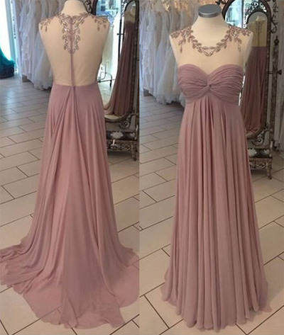 Scoop neck Long Chiffon Prom Dresses Crystals Women Party Dresses