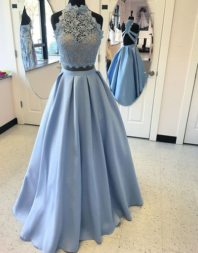 Two Pieces Satin Prom Dresses Halter Neck Lace Appliques Women Dresses