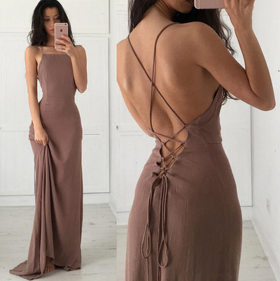 Sexy Open Back Prom Dress, Spaghetti Straps Coffee Graduation Dress