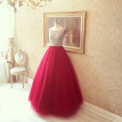 Scoop Neck Long Tulle Prom Dresses Crystals Floor Length Women Dresses