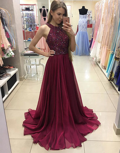 Halter Neck Long Chiffon Prom Dresses Crystals beaded Women Dresses