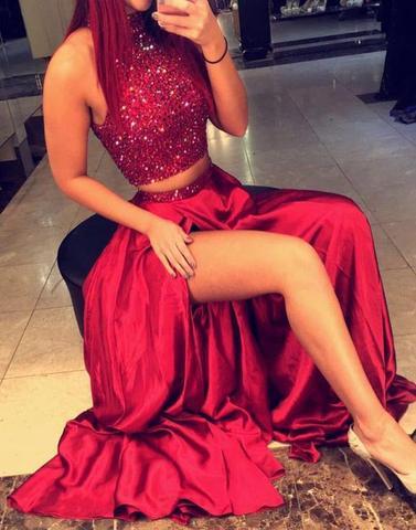 Halter Neck Two Pieces Satin Prom Dresses Crystals Women Part Dresses