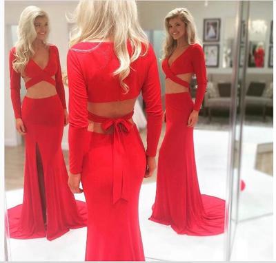 Two Pieces Prom Dress Sexy Red 2 Pieces Mermaid Prom Dresses Party Dress