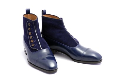 Handmade men button top blue leather & suede boots mens