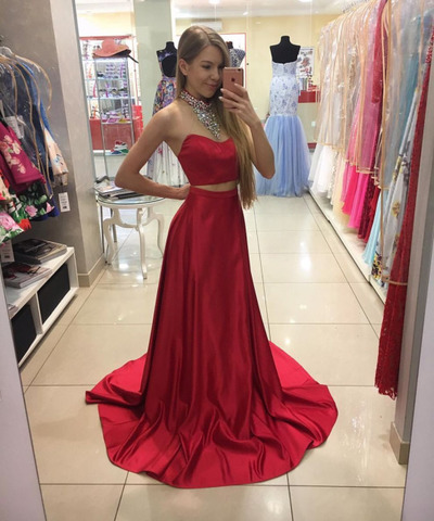 Two Pieces Red Satin Prom Dresses Floor Length Women Dresses