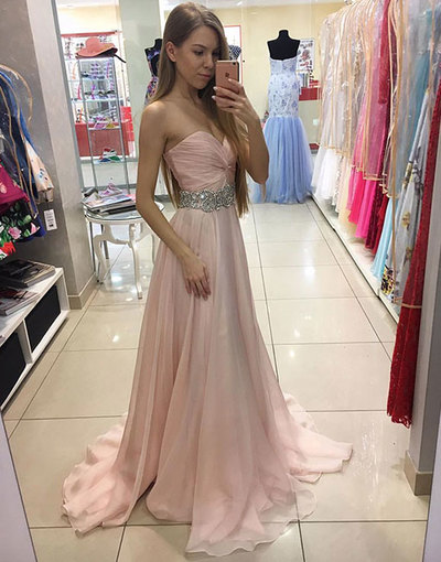 Sweetheart Neck Long Chiffon Prom Dresses Crystal Women Dresses