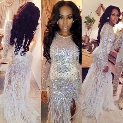 Ivory Mermaid Black Girl Prom Dress Long Sleeve Prom Dresses Rhinestone Feathered Robe De Soiree Elegant Long Evening Dresses