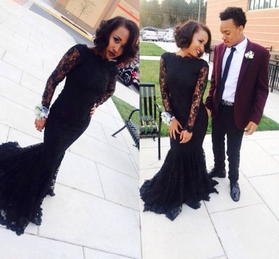 New Arrival Black Girl Prom Dress Mermaid Lace Prom Dresses Elegant Long Sleeves Scoop Long Evening Dress Formal Party Gown