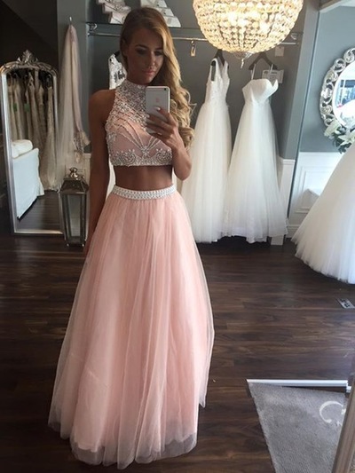 Pink 2 Piece Prom Dresses Long Beaded Girls Sparkly Graduation Party Dress High Neck 2 Piece Prom Dress Evening Gowns