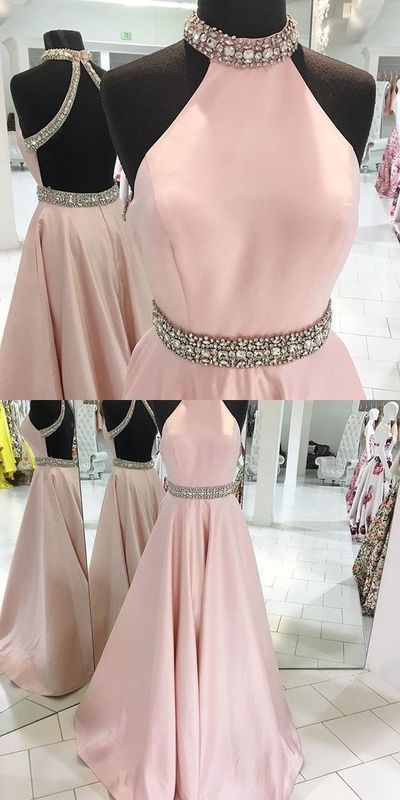 Open Back Pink Satin Prom Dresses Halter Neck Crystals Women Dresses