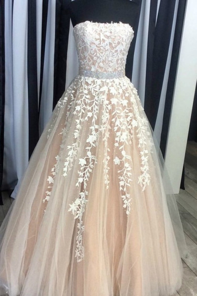Strapless A-line Tulle Prom Dresses Lace Appliques Women Dresses