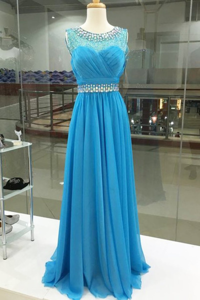 Scoop Neck Long Chiffon Prom Dresses Crystals Women Party Dresses