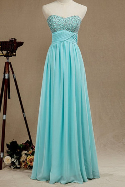 Sweetheart Neck Long Chiffon Prom Dresses Crystals Women Party Dresses