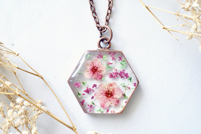 Real Dried Flowers in Resin Necklace, Copper Hexagon in Pinks and Green