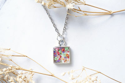 Real Dried Flowers in Resin Necklace, Silver Square in Red Pink Purple Green Orange