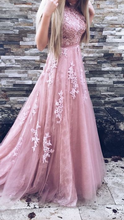 Beautiful A-Line Crew Court Train Backless Pink Tulle Prom Dress with Appliques