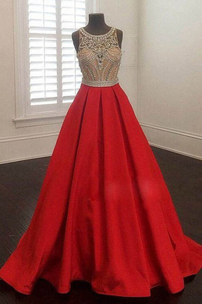 Long Satin Prom Dresses Scoop Neck Crystals Women Party Dresses
