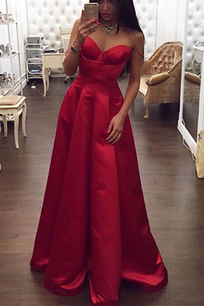 Off Shoulder Red Satin Prom Dresses Floor Length Women Dresses