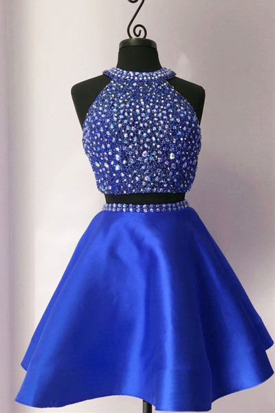 Two Pieces Short Satin Prom Dresses Halter Neck Crystals Women Dresses