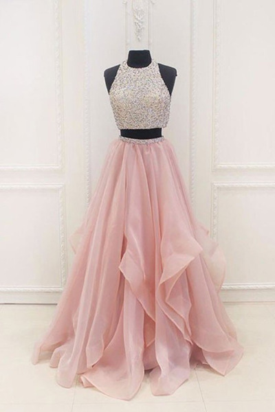 Two Pieces Long Pink Prom Dresses Crystals Floor Length Women Dresses