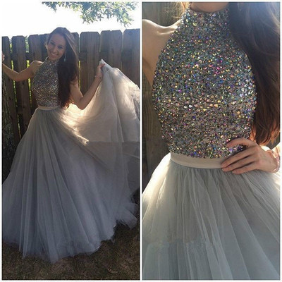 Sparkly Crystal Prom Dress Grey Halter A Line Graduation Dresses 2017 Long Evening Dress Formal Dress Tulle Sweep Train