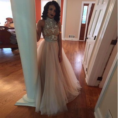 Luxury Black Girl Prom Dress New Two Pieces Crystal Beads Prom Dresses Sexy High Neck Crop Top Open Back Party Dresses Tulle Long Evening Gowns