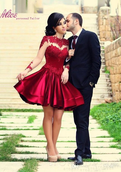 New Fashion Mini Short Prom Dress Burgundy Satin Long Sleeve Short Prom Dresses