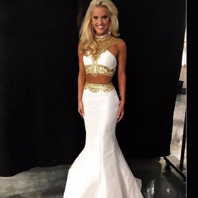 Sexy Two Pieces Prom Dress High Collar Two Pieces Prom Dress Crystals White Mermaid Evening Dresses